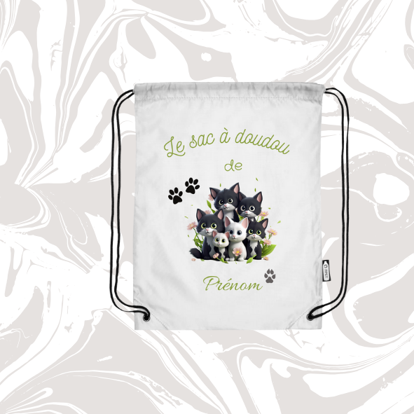 👉 Sac à doudou personnalisable chatons noirs & blancs 🐾 – avec prénom