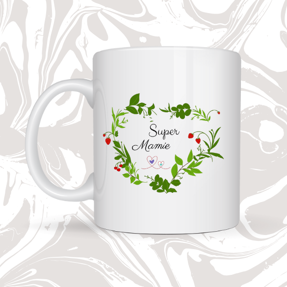 🌿 Mug cadeau "Super Mamie – Couronne florale" 💚