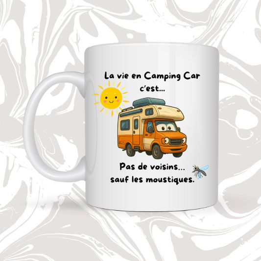 👉 Mug humour camping-car – "Pas de voisins… sauf les moustiques" 🦟