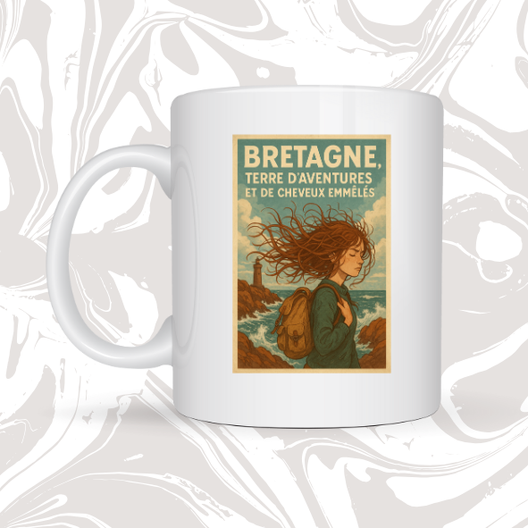 👉 Mug Bretagne – "Terre d’aventures et de cheveux emmêlés" 🌊🍵