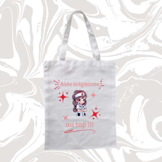 👉 Tote bag aide-soignante – "Au top !!!" ✨