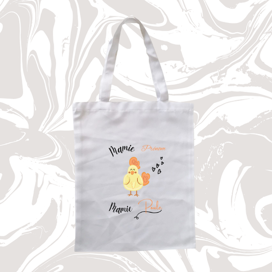 👉 Tote bag – "Mamie Poule" personnalisé 🐔