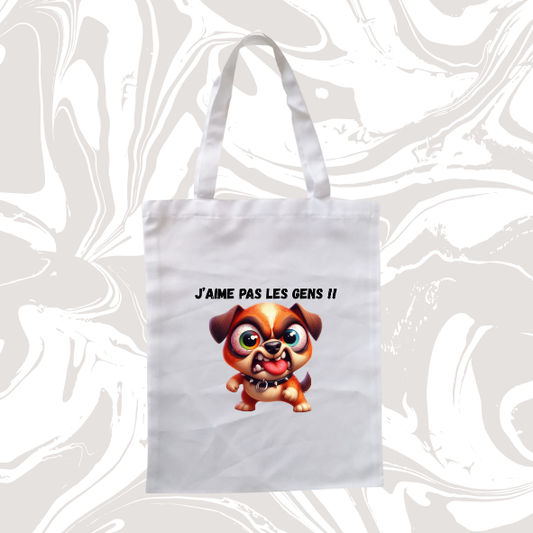 👉 Tote bag humour "J’aime pas les gens !!" avec chien rigolo 🐾