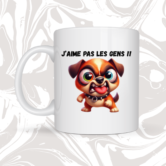 👉 Mug humour "J’aime pas les gens !!" avec chien rigolo 🐾
