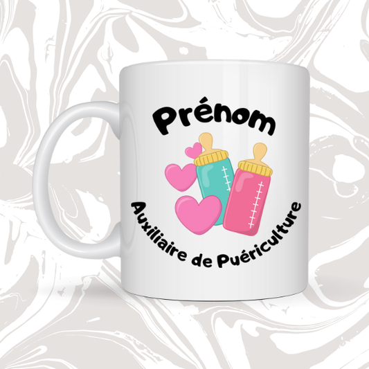 👉 Mug personnalisable – Auxiliaire de Puériculture 🍼 Biberons & Cœurs