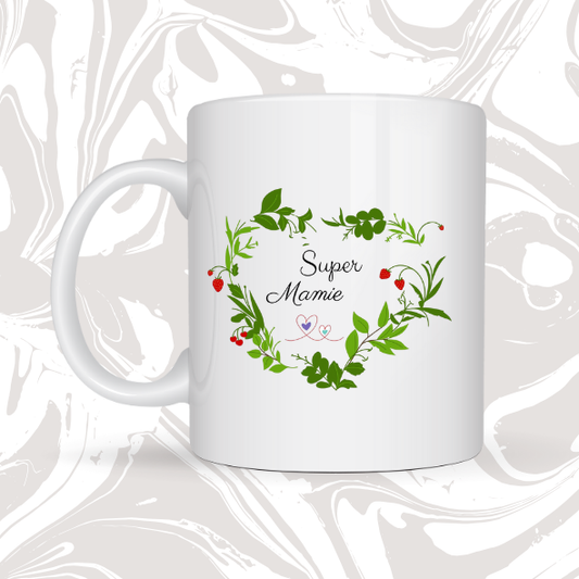 🌿 Mug cadeau "Super Mamie – Couronne florale" 💚
